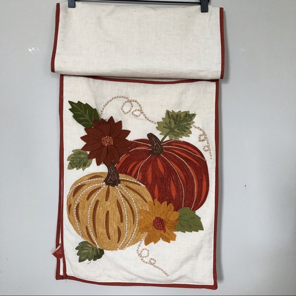 Handmade in India Embroidered Pumpkin Fall Table Runner 72" x 16.5" - Picture 5 of 10